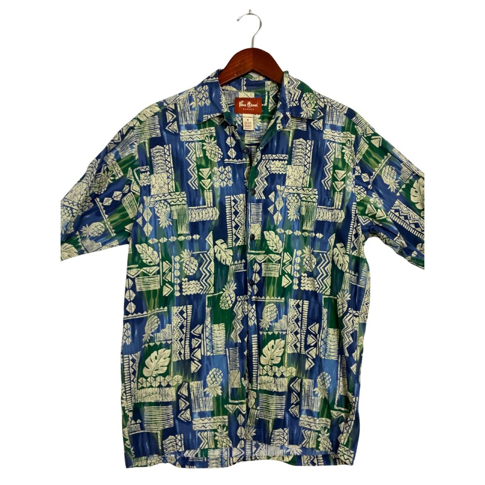 Pau Hana Hawaii Men's M Blue Green Tiki Pineapple Hawaiian Aloha Shirt